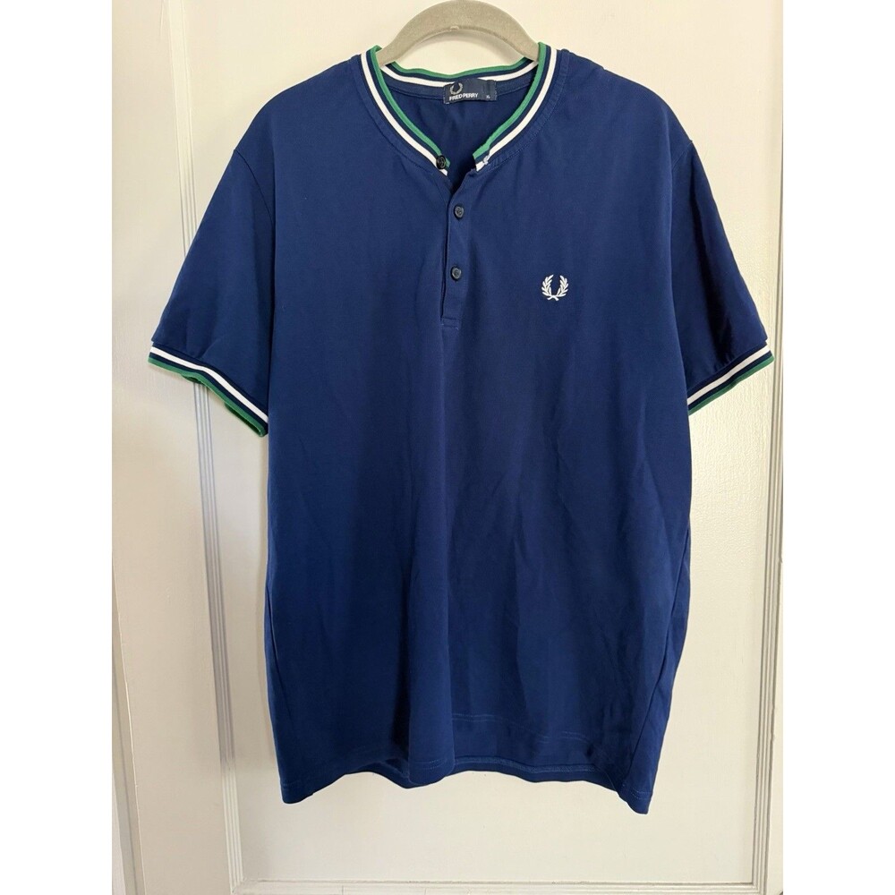 Fred Perry Henley T-Shirt XL Navy Blue Laurel Logo 3 Button Cotton Mens M2501